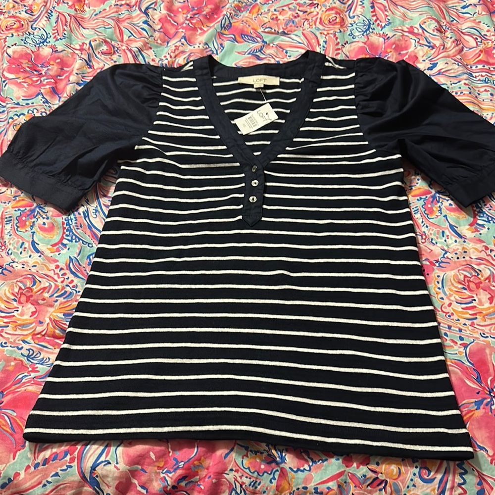 LOFT Navy Striped Mixed Media Henley Size XS NWT
